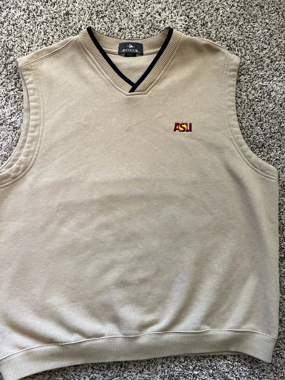 Vintage Antigua ASU V-Neck Sweatshirt Vest in Beige with Maroon & Gold Logo